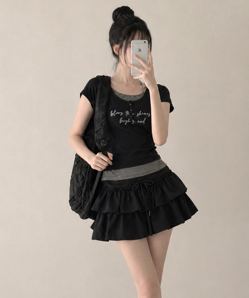 VIVID LADY(ビビッドレディー)の「ボーダー柄ホルタードッキング フェイクレイヤードトップス(Tシャツ/カットソー・レディース・グレー/アイボリー/ブラック/ライトブルー・FREE)」の21枚目の写真
