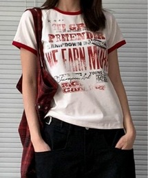 【5 デザイン展開】レトロ英字ポートレートプリント半袖 T シャツ リンガータイプあり レディース Y2K ストリートカットソー