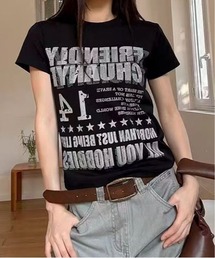 【5 デザイン展開】レトロ英字ポートレートプリント半袖 T シャツ リンガータイプあり レディース Y2K ストリートカットソー