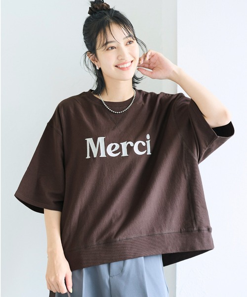 coca(coca)(コカ)の「ミニ裏毛刺繍ロゴ5部丈ワイドスウェットTシャツ(Tシャツ/カットソー・レディース・オートミール/ダークブラウン・L/M/S)」の1枚目の写真