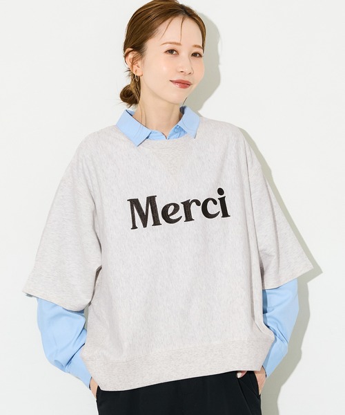 coca(coca)(コカ)の「ミニ裏毛刺繍ロゴ5部丈ワイドスウェットTシャツ(Tシャツ/カットソー・レディース・オートミール/ダークブラウン・L/M/S)」の2枚目の写真