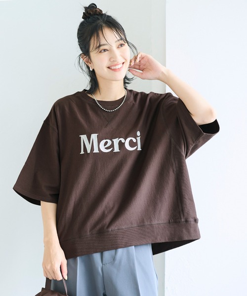 coca(coca)(コカ)の「ミニ裏毛刺繍ロゴ5部丈ワイドスウェットTシャツ(Tシャツ/カットソー・レディース・オートミール/ダークブラウン・L/M/S)」の3枚目の写真