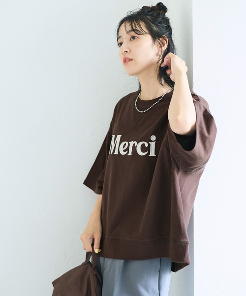 coca(coca)(コカ)の「ミニ裏毛刺繍ロゴ5部丈ワイドスウェットTシャツ(Tシャツ/カットソー・レディース・オートミール/ダークブラウン・L/M/S)」の4枚目の写真