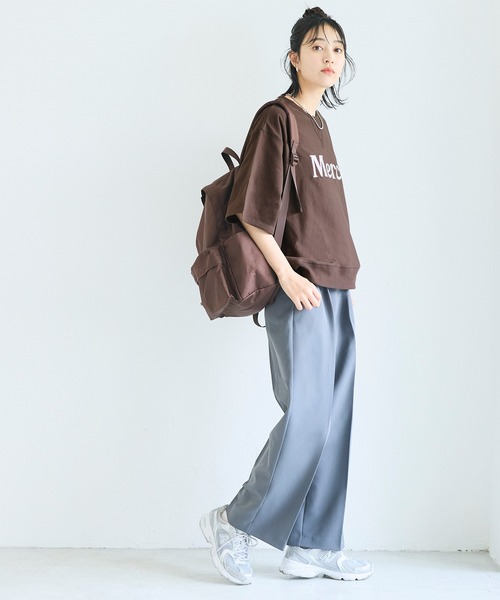 coca(coca)(コカ)の「ミニ裏毛刺繍ロゴ5部丈ワイドスウェットTシャツ(Tシャツ/カットソー・レディース・オートミール/ダークブラウン・L/M/S)」の6枚目の写真
