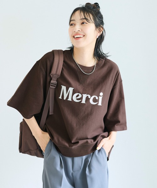 coca(coca)(コカ)の「ミニ裏毛刺繍ロゴ5部丈ワイドスウェットTシャツ(Tシャツ/カットソー・レディース・オートミール/ダークブラウン・L/M/S)」の7枚目の写真