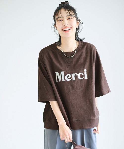 coca(coca)(コカ)の「ミニ裏毛刺繍ロゴ5部丈ワイドスウェットTシャツ(Tシャツ/カットソー・レディース・オートミール/ダークブラウン・L/M/S)」の8枚目の写真