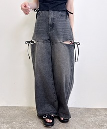 サイドスリットリボンデニムワイドパンツ