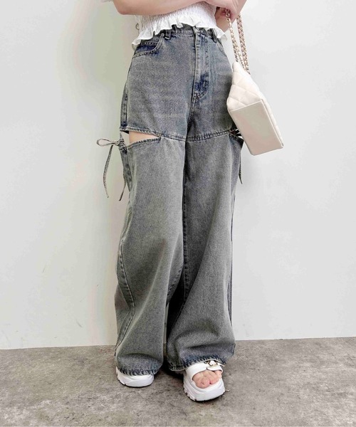 INGNI(イング)の「サイドスリットリボンデニムワイドパンツ(デニムパンツ・レディース・グレー/ブルー系その他・S/M)」の9枚目の写真