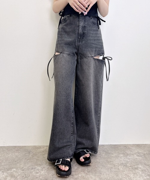 INGNI(イング)の「サイドスリットリボンデニムワイドパンツ(デニムパンツ・レディース・グレー/ブルー系その他・S/M)」の4枚目の写真