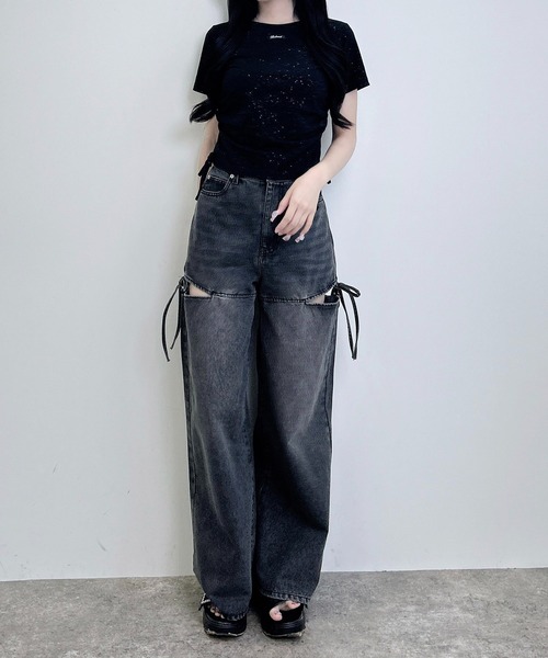 INGNI(イング)の「サイドスリットリボンデニムワイドパンツ(デニムパンツ・レディース・グレー/ブルー系その他・S/M)」の7枚目の写真