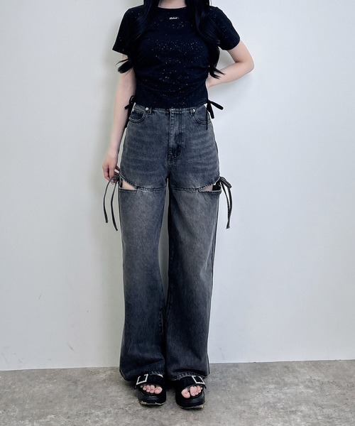 INGNI(イング)の「サイドスリットリボンデニムワイドパンツ(デニムパンツ・レディース・グレー/ブルー系その他・S/M)」の8枚目の写真