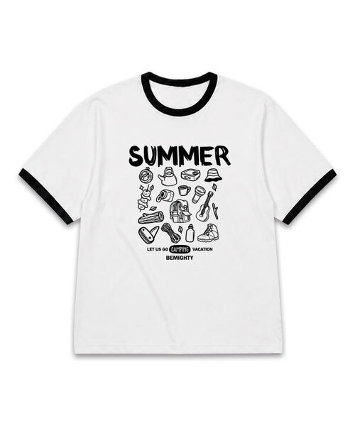 BEMIGHTY(ビーマイティー)の「サマーキャンプオーバーサイズリンガー半袖Tシャツ(Tシャツ/カットソー・メンズ・ホワイト/ブラック・LARGE/XX-LARGE/X-LARGE)」の1枚目の写真