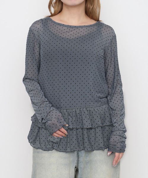 PUNYUS(プニュズ)の「【NEW SIZE】キャミセットドットフリルシアートップス(Tシャツ/カットソー・レディース・グレー/ホワイト/ブラック・1/2/3/4/5)」の3枚目の写真