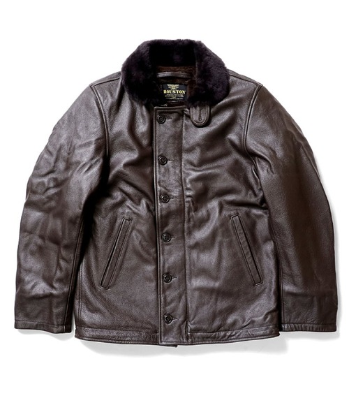 HOUSTON(ヒューストン)の「HOUSTON ヒューストン COW LEATHER N-1 DECK JACKET / カウレザー N-1 デッキジャケット(ライダースジャケット・メンズ・ブラック/ブラウン・42/40/38)」の2枚目の写真