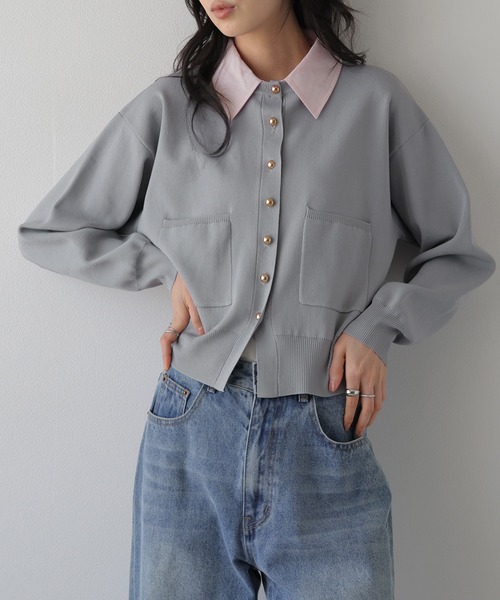 AMELY(エミリー)の「2WAY ニットカーディガン/配色襟取り外し可能/長袖(カーディガン/ボレロ・レディース・ベージュ/ブラウン/ブラック/ネイビー/グレー・フリー)」の1枚目の写真