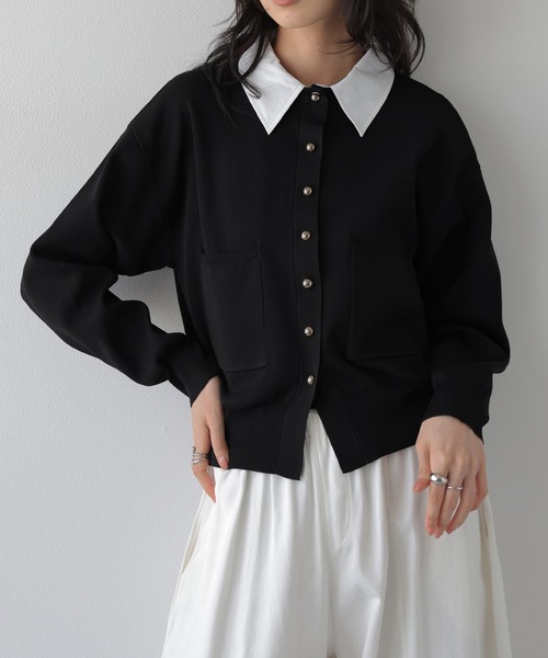 AMELY(エミリー)の「2WAY ニットカーディガン/配色襟取り外し可能/長袖(カーディガン/ボレロ・レディース・ベージュ/ブラウン/ブラック/ネイビー/グレー・フリー)」の2枚目の写真
