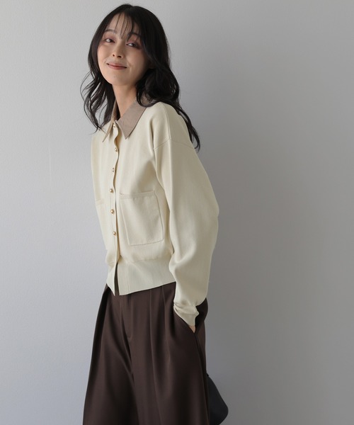 AMELY(エミリー)の「2WAY ニットカーディガン/配色襟取り外し可能/長袖(カーディガン/ボレロ・レディース・ベージュ/ブラウン/ブラック/ネイビー/グレー・フリー)」の6枚目の写真