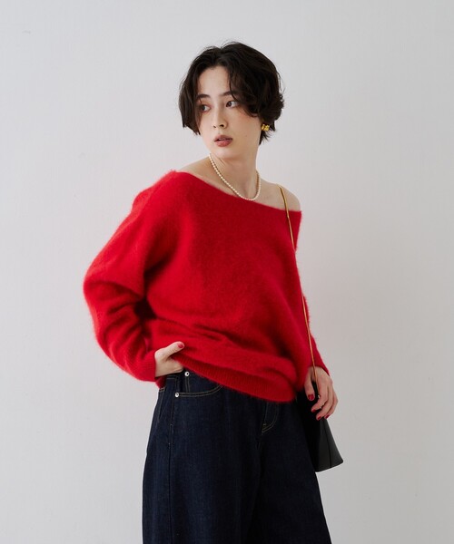 Rouge vif(ルージュヴィフ)の「【定番人気 / 2026AW新作】フォックスウールボートネックニットプルオーバー / オフショルダー / ワンショルダー(ニット/セーター・レディース・グレー/レッド/オフホワイト/モカ・フリー)」の9枚目の写真