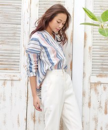 ヘルシーな肌見せで大人styleを演出！無地orストライプ柄襟抜きスキッパーシャツ/レディーストップス/ブラウス[C3165]神戸レタス