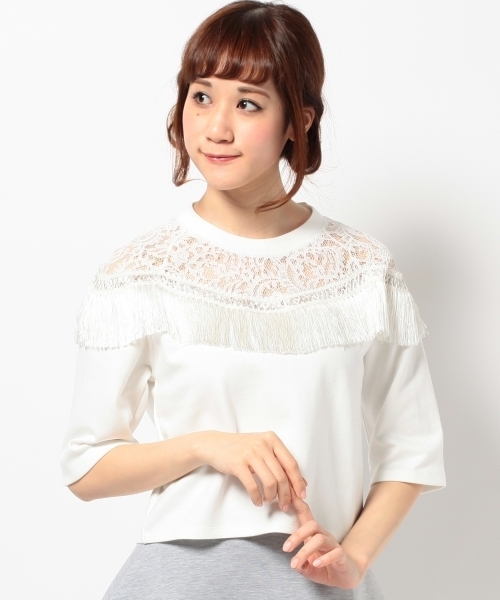 Another Edition(アナザーエディション)の「AE LACE×フリンジ PO(Tシャツ/カットソー・レディース・ホワイト/グレー・フリー)」の1枚目の写真