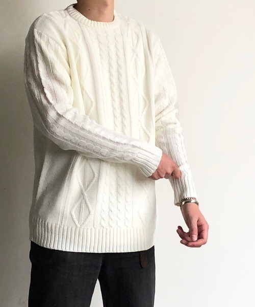 COMMON WARE（コモンウェアー）の「COMMONWARE：HOME LAUNDRY ARAN KNIT C/N KNIT ホームランドリー アラン編み クルーネックニット（ニット/セーター・メンズ・オフホワイト/ネイビー/ブラック/ワインレッド/ブルー/グレー・M/L/XL）」の2枚目の写真