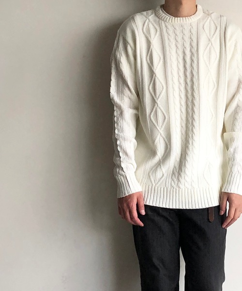 COMMON WARE（コモンウェアー）の「COMMONWARE：HOME LAUNDRY ARAN KNIT C/N KNIT ホームランドリー アラン編み クルーネックニット（ニット/セーター・メンズ・オフホワイト/ネイビー/ブラック/ワインレッド/ブルー/グレー・M/L/XL）」の7枚目の写真
