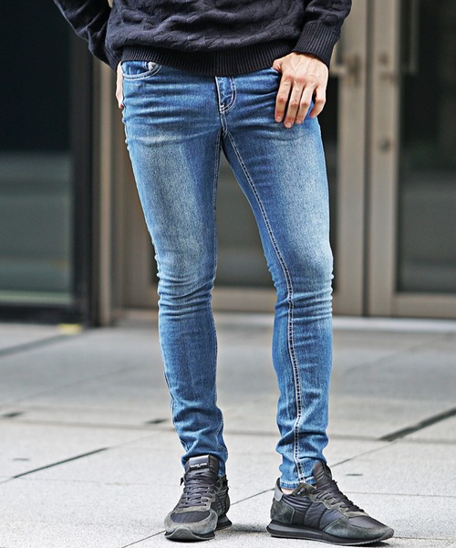 セール】【SOMEDIFF】極細 ストレッチスキニーデニムパンツ ブラック系