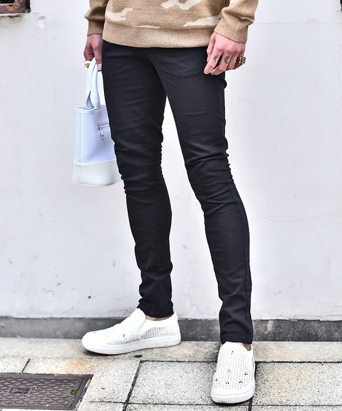 セール】【SOMEDIFF】極細 ストレッチスキニーデニムパンツ ブラック系