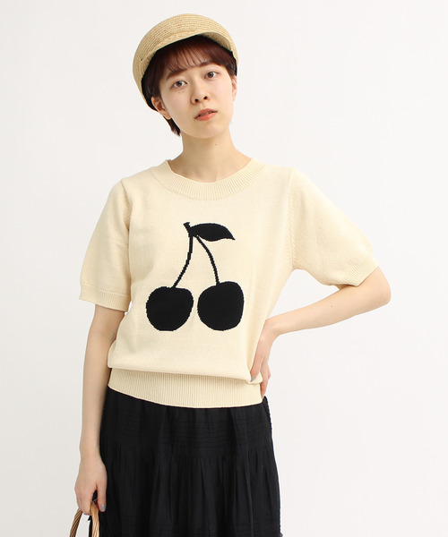 CHILD WOMAN（チャイルドウーマン）の「COリリヤンチェリーインターシャ半袖プルオーバー（ニット/セーター・レディース・アイボリー/レッド/ブラック/ブラウン/キナリ・FREE）」の13枚目の写真
