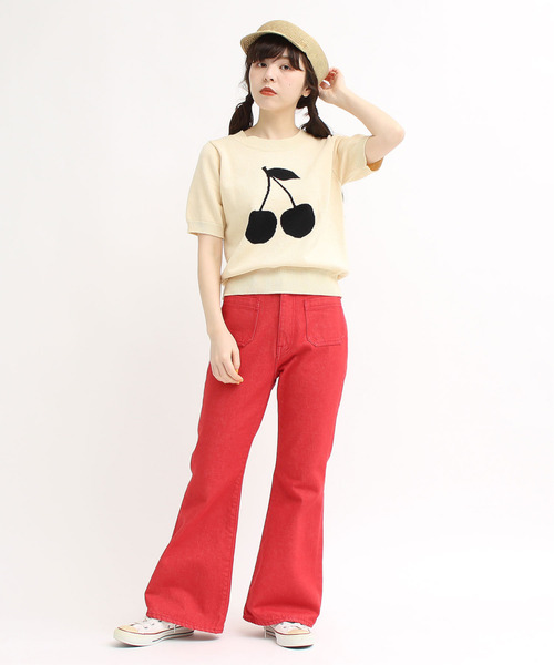 CHILD WOMAN（チャイルドウーマン）の「COリリヤンチェリーインターシャ半袖プルオーバー（ニット/セーター・レディース・アイボリー/レッド/ブラック/ブラウン/キナリ・FREE）」の9枚目の写真