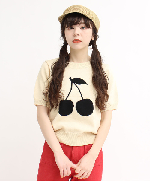 CHILD WOMAN（チャイルドウーマン）の「COリリヤンチェリーインターシャ半袖プルオーバー（ニット/セーター・レディース・アイボリー/レッド/ブラック/ブラウン/キナリ・FREE）」の8枚目の写真