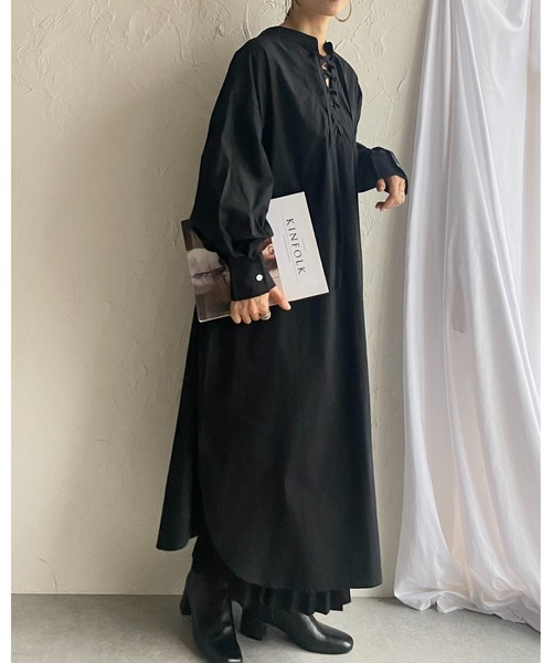 She's Closet（シーズクローゼット）の「スタンドカラー編み上げレースアップ長袖ロングシャツワンピース【低身長向け/高身長向けサイズ有】（シャツワンピース・レディース・ホワイト/ベージュ/ラベンダー/ブラック・FREE/SHORT/TALL）」の19枚目の写真