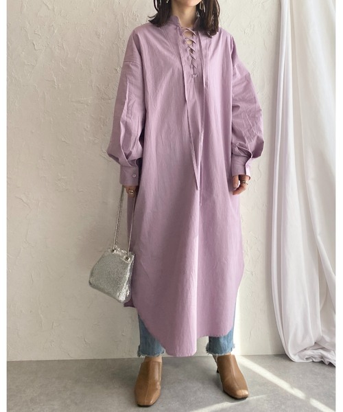 She's Closet（シーズクローゼット）の「スタンドカラー編み上げレースアップ長袖ロングシャツワンピース【低身長向け/高身長向けサイズ有】（シャツワンピース・レディース・ホワイト/ベージュ/ラベンダー/ブラック・FREE/SHORT/TALL）」の17枚目の写真