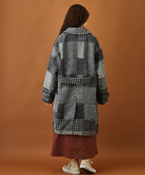 パッチワーク風 ウール ステンカラーコート