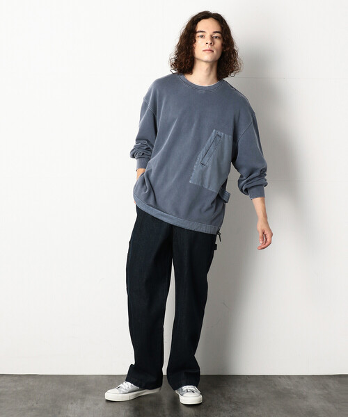 Purple&Yellow（パープルアンドイエロー）の「ピグメントバイオ布帛切替ワイドクルーネックプルオーバー（スウェット・メンズ・ブルー/グレイッシュベージュ・SMALL/MEDIUM/LARGE）」の3枚目の写真