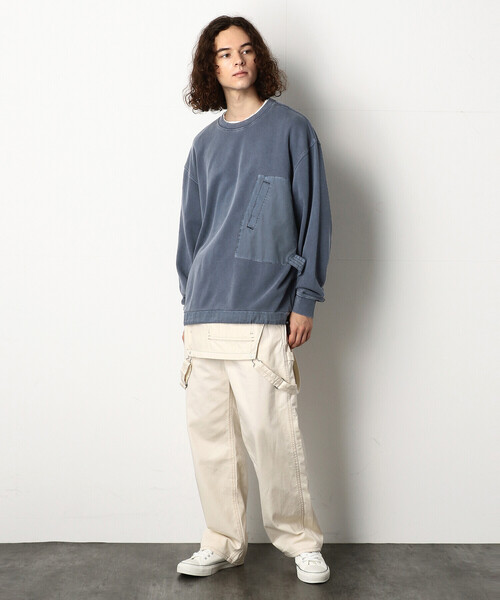 Purple&Yellow（パープルアンドイエロー）の「ピグメントバイオ布帛切替ワイドクルーネックプルオーバー（スウェット・メンズ・ブルー/グレイッシュベージュ・SMALL/MEDIUM/LARGE）」の4枚目の写真