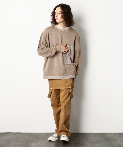 Purple&Yellow（パープルアンドイエロー）の「ピグメントバイオ布帛切替ワイドクルーネックプルオーバー（スウェット・メンズ・ブルー/グレイッシュベージュ・SMALL/MEDIUM/LARGE）」の6枚目の写真