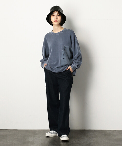 Purple&Yellow（パープルアンドイエロー）の「ピグメントバイオ布帛切替ワイドクルーネックプルオーバー（スウェット・メンズ・ブルー/グレイッシュベージュ・SMALL/MEDIUM/LARGE）」の7枚目の写真