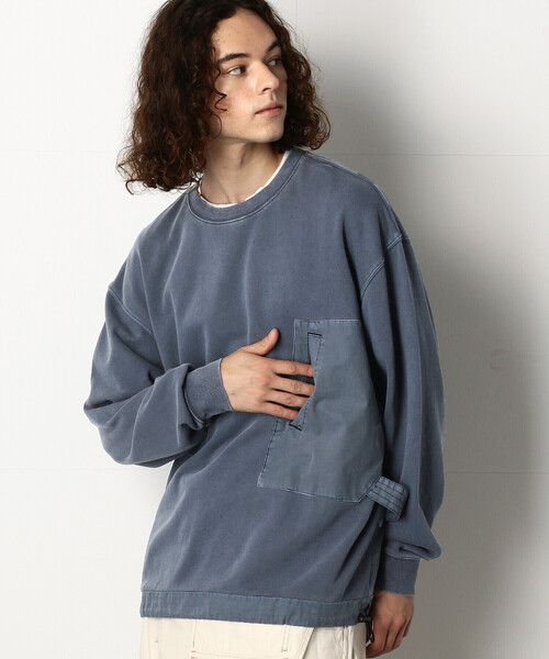 Purple&Yellow（パープルアンドイエロー）の「ピグメントバイオ布帛切替ワイドクルーネックプルオーバー（スウェット・メンズ・ブルー/グレイッシュベージュ・SMALL/MEDIUM/LARGE）」の9枚目の写真