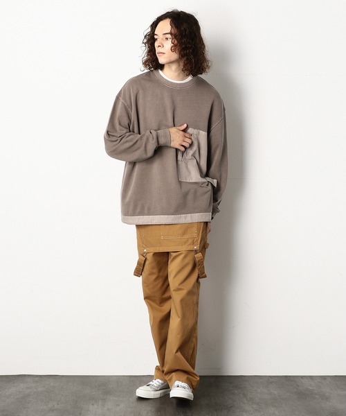 Purple&Yellow（パープルアンドイエロー）の「ピグメントバイオ布帛切替ワイドクルーネックプルオーバー（スウェット・メンズ・ブルー/グレイッシュベージュ・SMALL/MEDIUM/LARGE）」の19枚目の写真