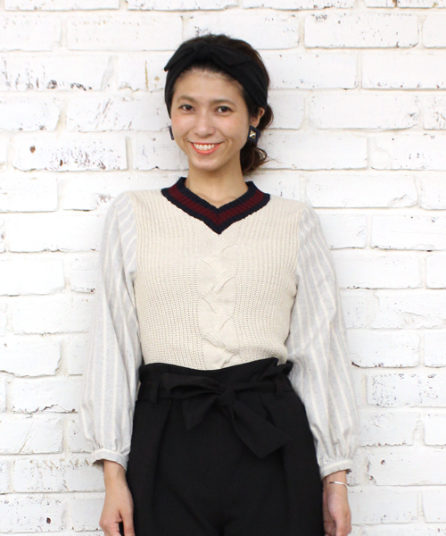 mystic（ミスティック）の「チルデンニット×フハクプルオーバー（Tシャツ/カットソー・レディース・ネイビー/グレー/ボルドー/オフホワイト・ﾌﾘ-）」の2枚目の写真