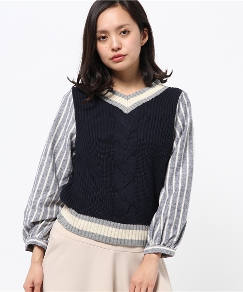 mystic（ミスティック）の「チルデンニット×フハクプルオーバー（Tシャツ/カットソー・レディース・ネイビー/グレー/ボルドー/オフホワイト・ﾌﾘ-）」の3枚目の写真