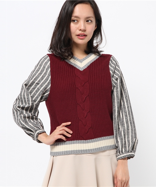 mystic（ミスティック）の「チルデンニット×フハクプルオーバー（Tシャツ/カットソー・レディース・ネイビー/グレー/ボルドー/オフホワイト・ﾌﾘ-）」の4枚目の写真