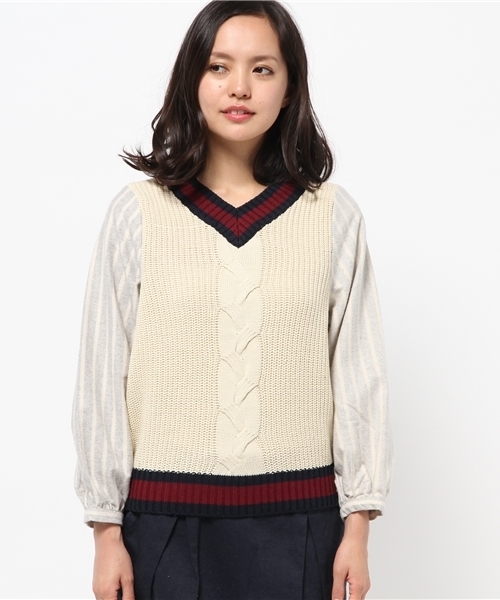 mystic（ミスティック）の「チルデンニット×フハクプルオーバー（Tシャツ/カットソー・レディース・ネイビー/グレー/ボルドー/オフホワイト・ﾌﾘ-）」の5枚目の写真