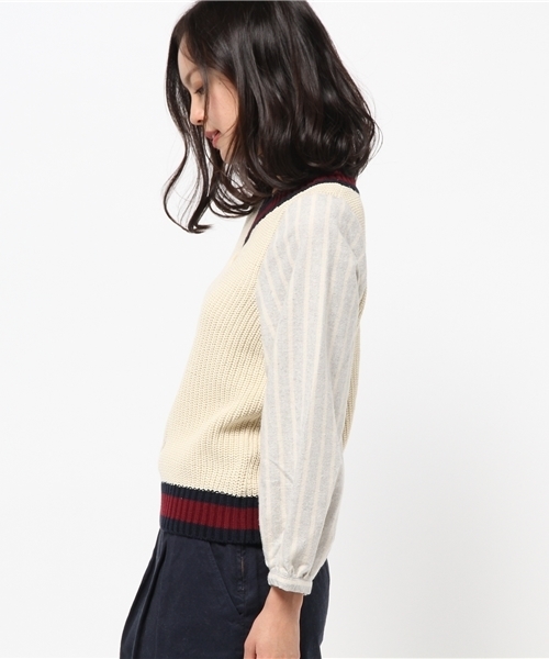 mystic（ミスティック）の「チルデンニット×フハクプルオーバー（Tシャツ/カットソー・レディース・ネイビー/グレー/ボルドー/オフホワイト・ﾌﾘ-）」の6枚目の写真