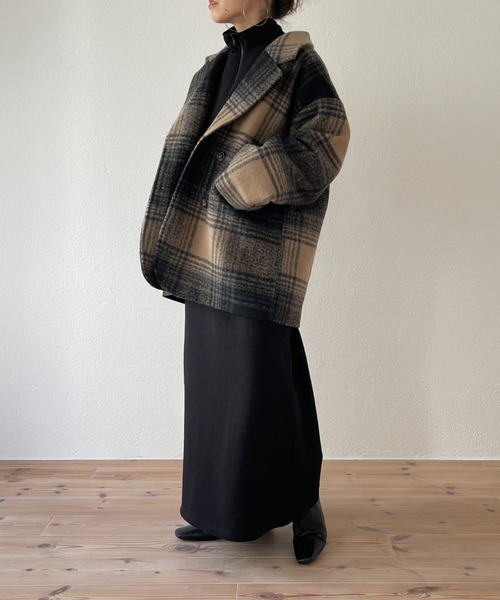 wee9s（ウィークス）の「over size check coat / オーバーサイズドロップショルダーチェックコート（テーラードジャケット・レディース・ブラック/ブラウン・FREE）」の9枚目の写真