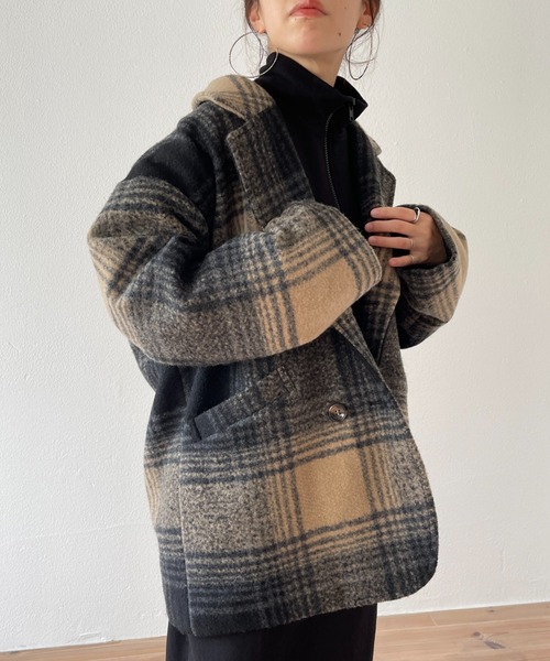 wee9s（ウィークス）の「over size check coat / オーバーサイズドロップショルダーチェックコート（テーラードジャケット・レディース・ブラック/ブラウン・FREE）」の6枚目の写真
