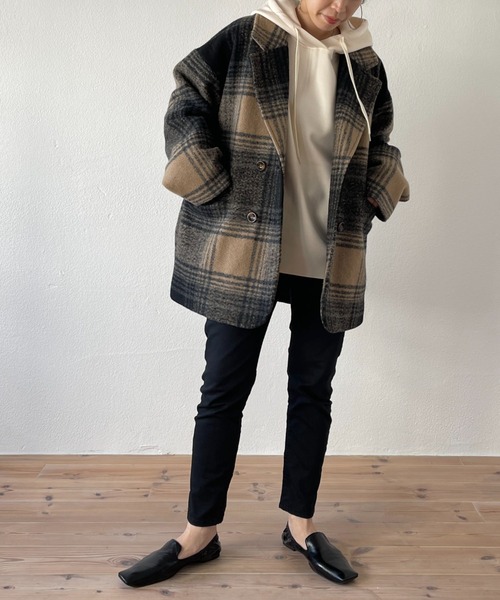 wee9s（ウィークス）の「over size check coat / オーバーサイズドロップショルダーチェックコート（テーラードジャケット・レディース・ブラック/ブラウン・FREE）」の20枚目の写真