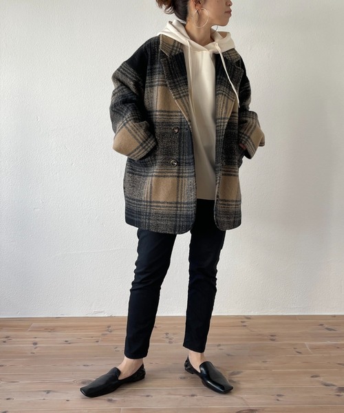 wee9s（ウィークス）の「over size check coat / オーバーサイズドロップショルダーチェックコート（テーラードジャケット・レディース・ブラック/ブラウン・FREE）」の21枚目の写真