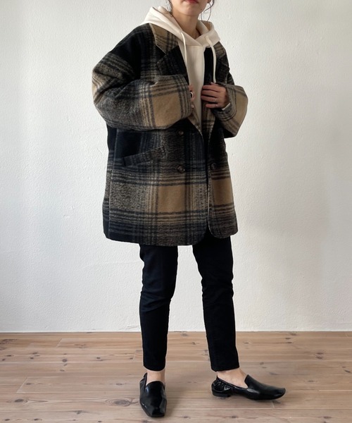 wee9s（ウィークス）の「over size check coat / オーバーサイズドロップショルダーチェックコート（テーラードジャケット・レディース・ブラック/ブラウン・FREE）」の22枚目の写真